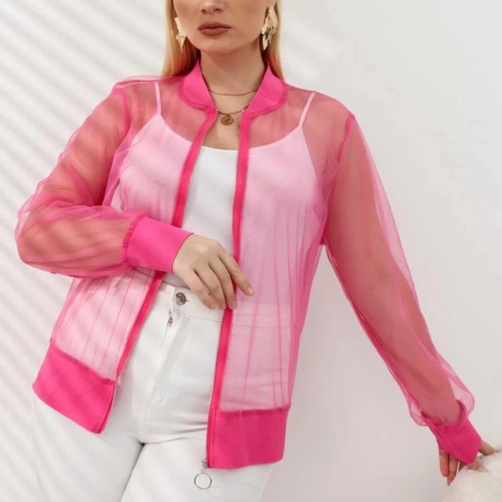 NWT ASOS Hot Pink Sheer Mesh Cropped Bomber Jacket Size 8